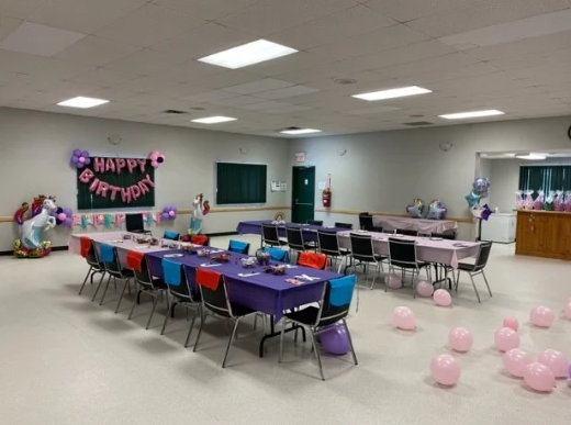 The community centre decorated for a party.