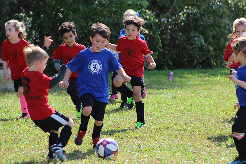 A mixed group of children playing soccer.